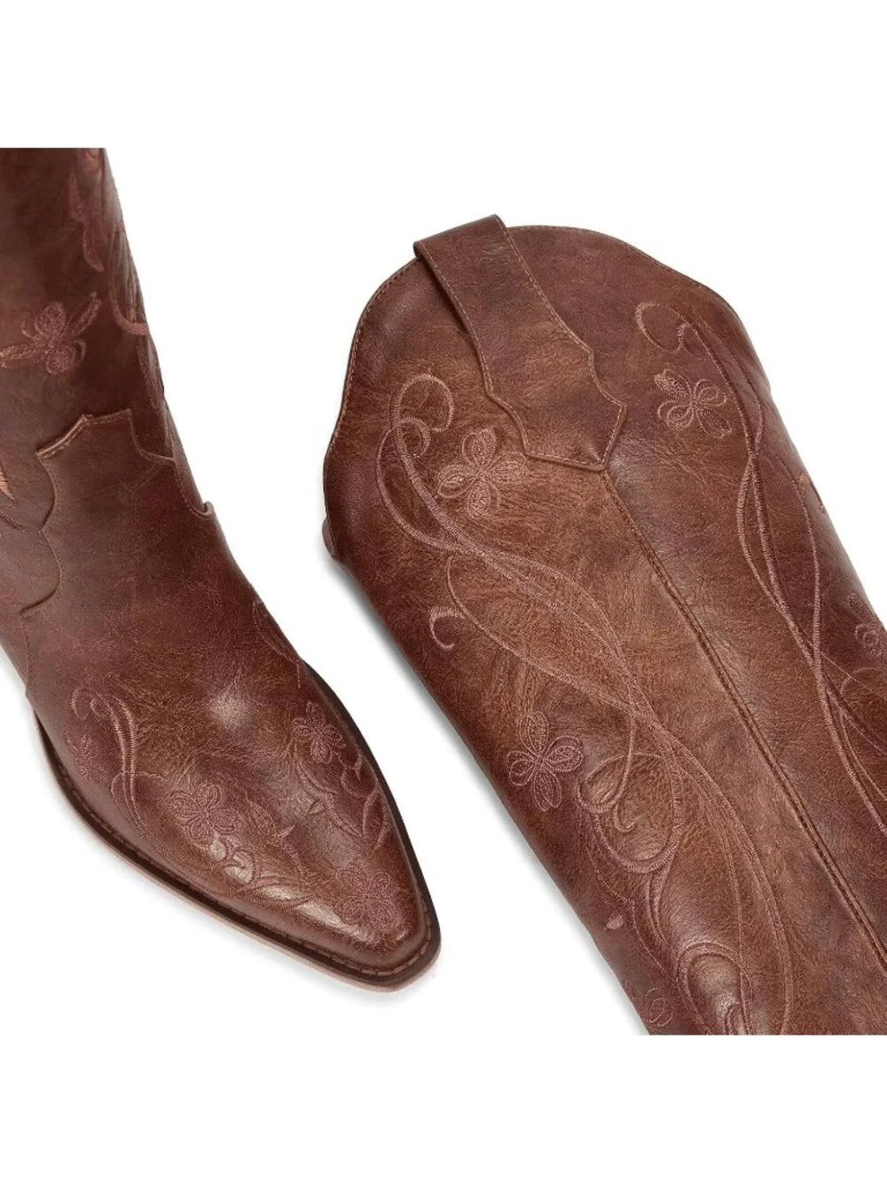 Women's Caramel Brown Floral Faux Leather Knee High Western Style Cowgirl Boots